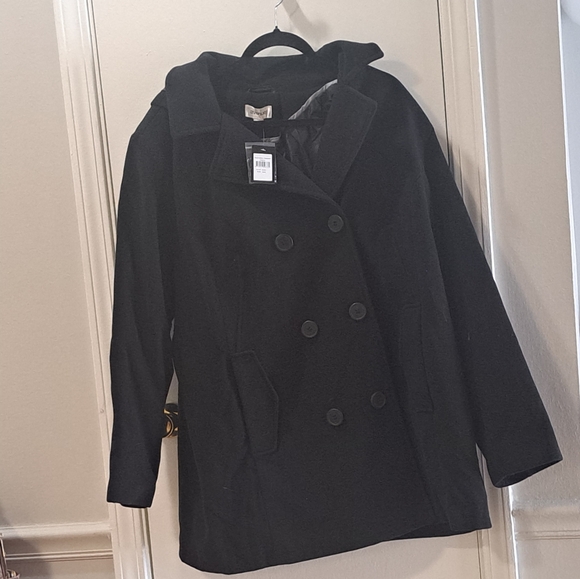 Avenue Black Double-Breasted Peacoat With Hood - Picture 4 of 11